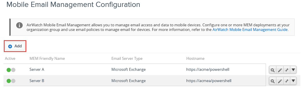 Mobile Email Management configuration screen Mobile Email Management configuration screen