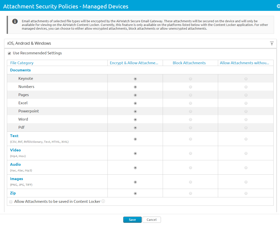 Attachment security policies for managed devices screen