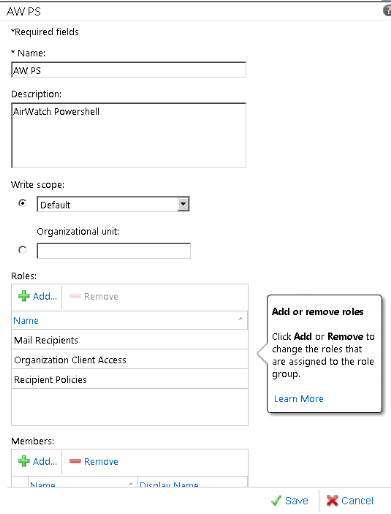 New role group parameters screen New role group parameters screen