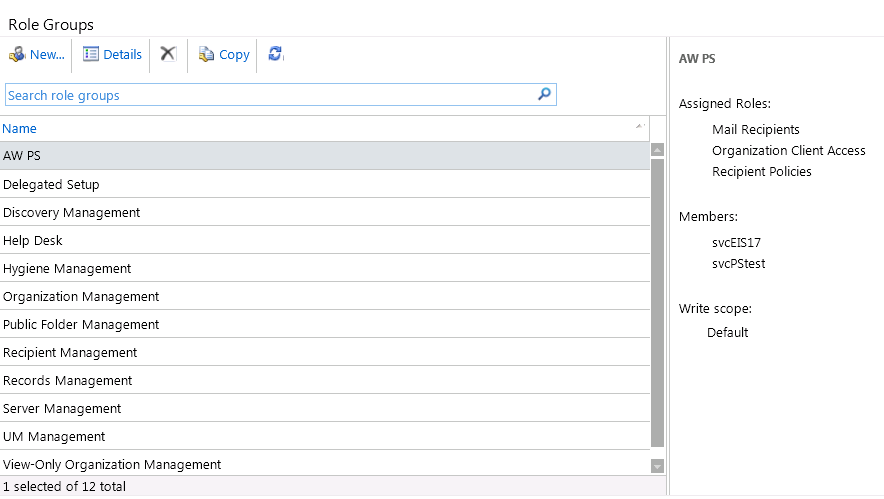 Test role groups screen