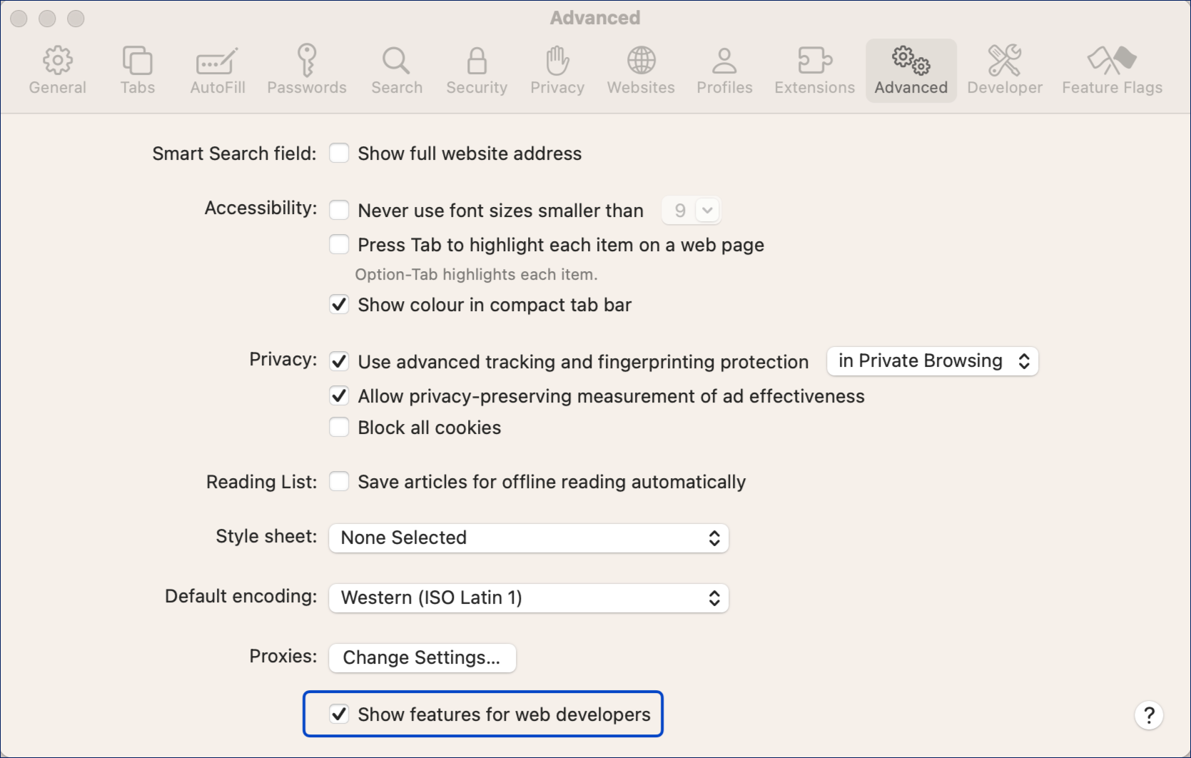show features for web dev checkbox