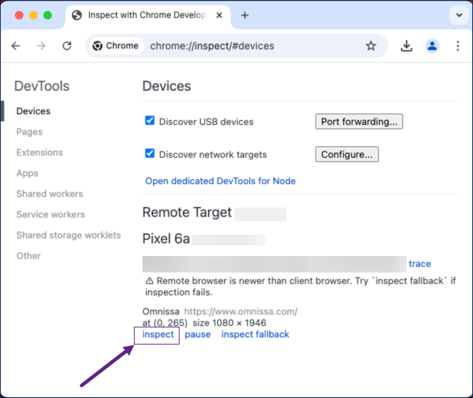 Inspect option on Web Android