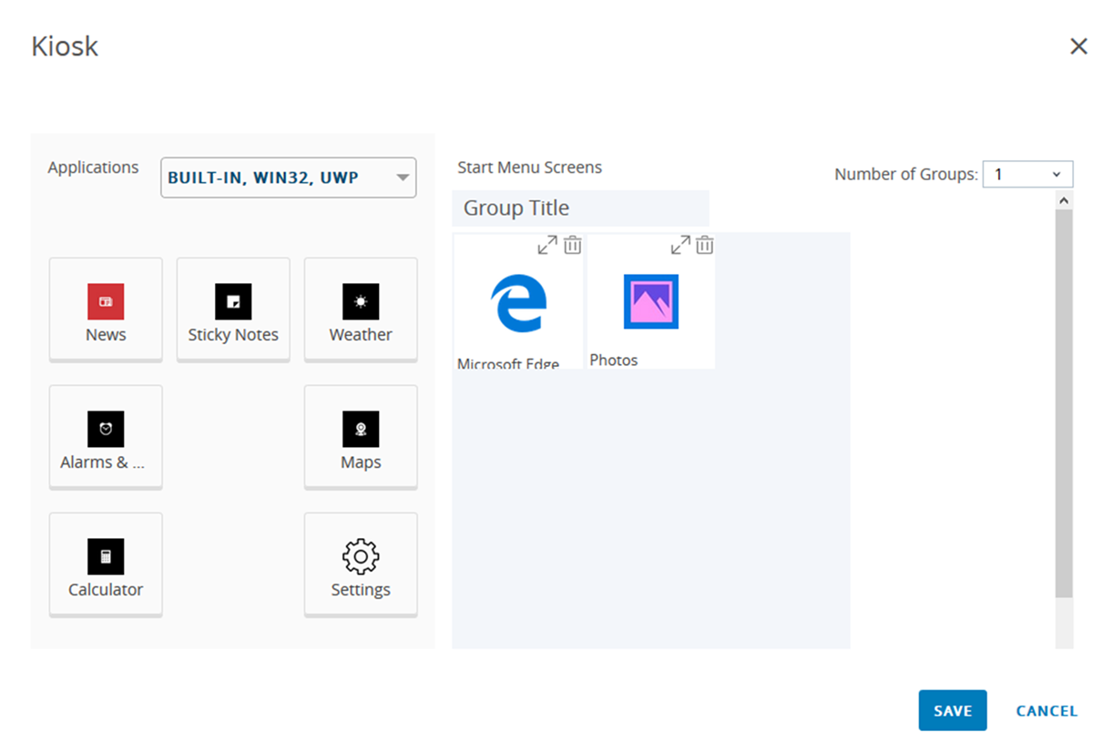 Kiosk Example of the device start menu grid