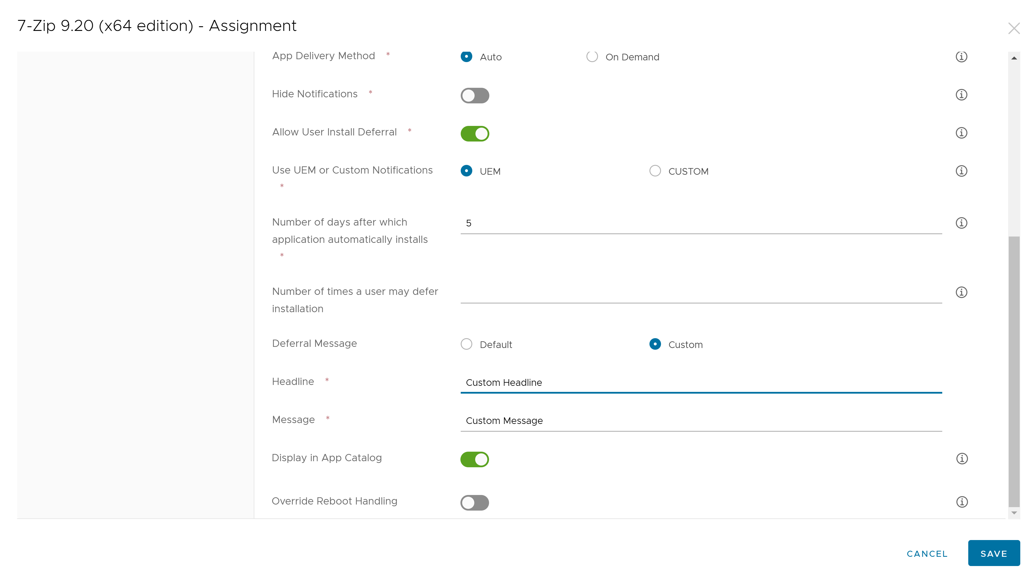 The Application Assignment box is displayed, showing the options to defer app installation and create your own deferral toast notification. The Application Assignment box is displayed, showing the options to defer app installation and create your own deferral toast notification.