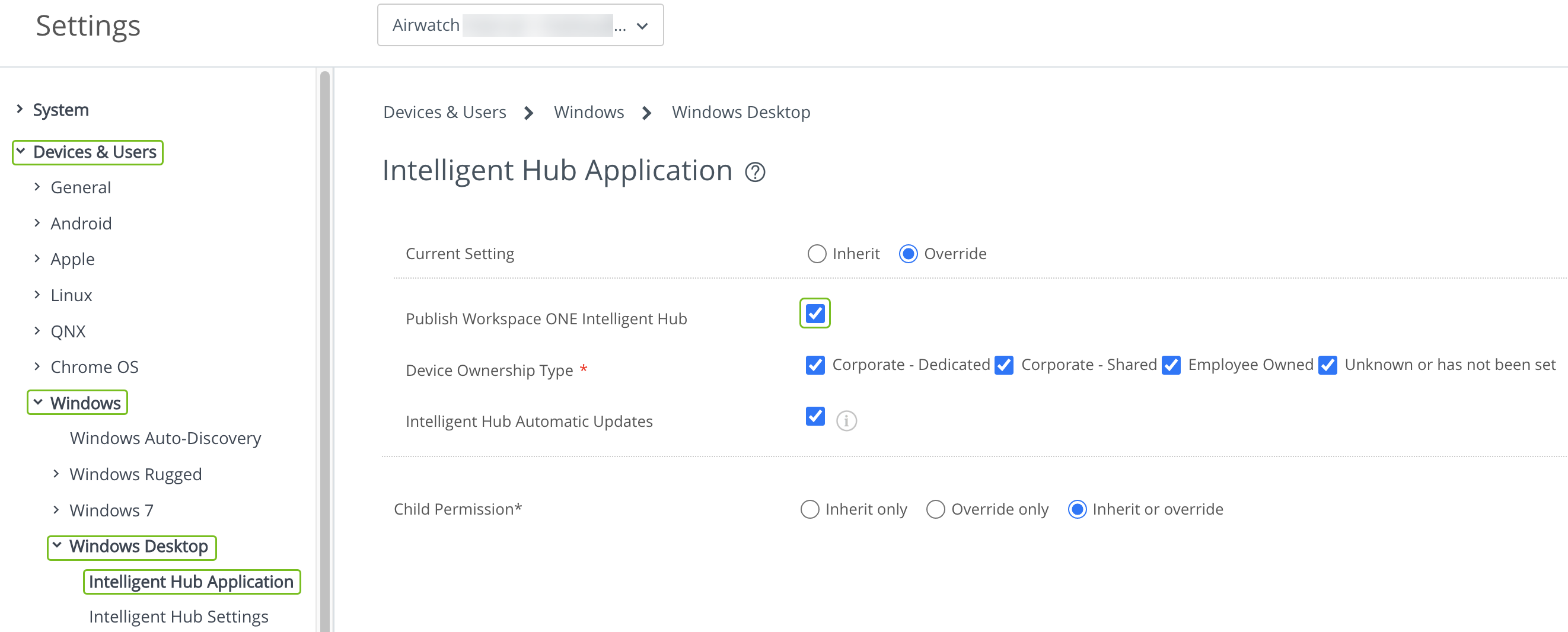 settings for Devices and Users