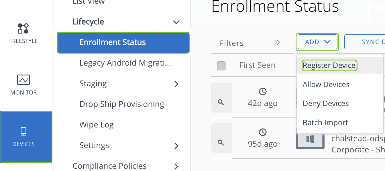 settings for Devices and Users