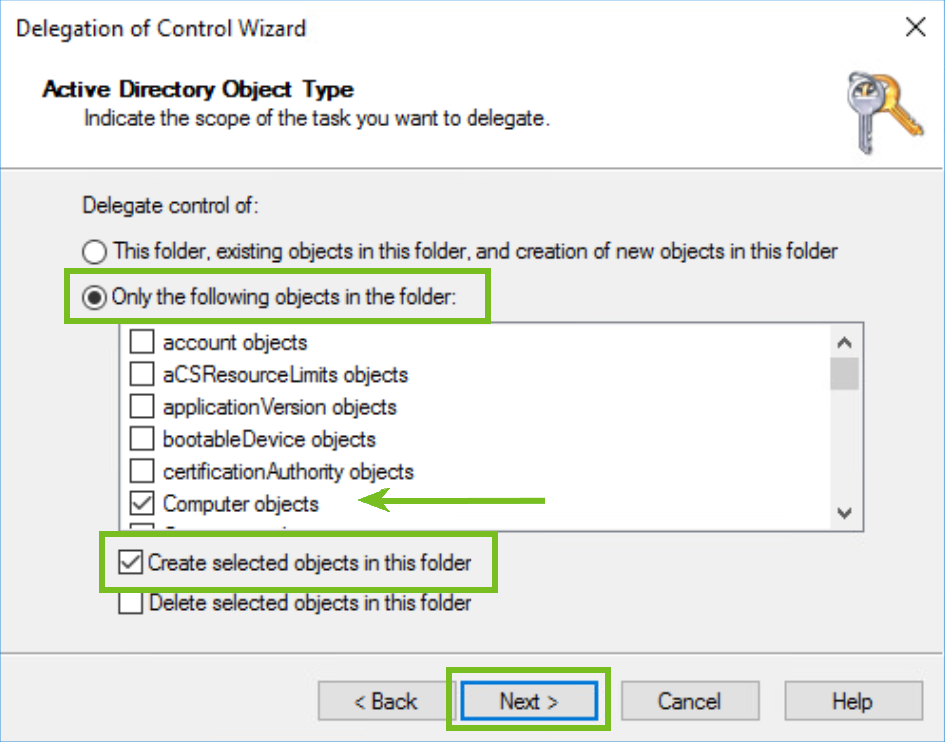 The Delegation of Control Window shows the "Only the following objects in the folder" selected, with the options "Computer objects" and "Create selected objects in this folder" checked, then Next is selected