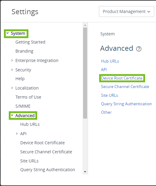 Shows the navigation path to the Device Root Certification