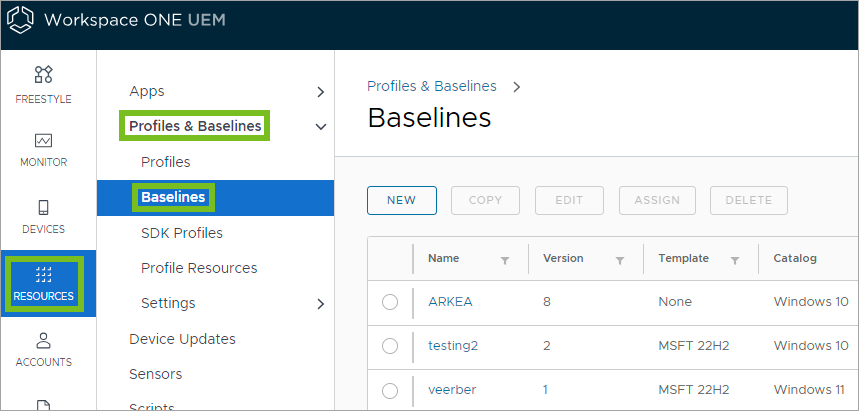 Shows Baselines in the UEM console. 