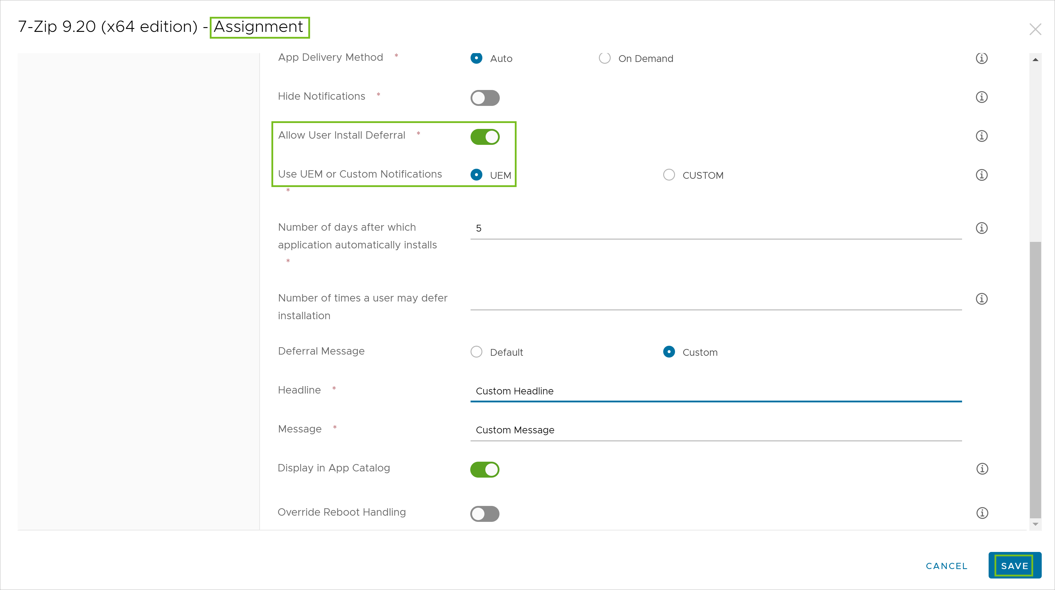 The Application Assignment box is displayed, showing the options to defer app installation and create your own deferral toast notification. The Application Assignment box is displayed, showing the options to defer app installation and create your own deferral toast notification.