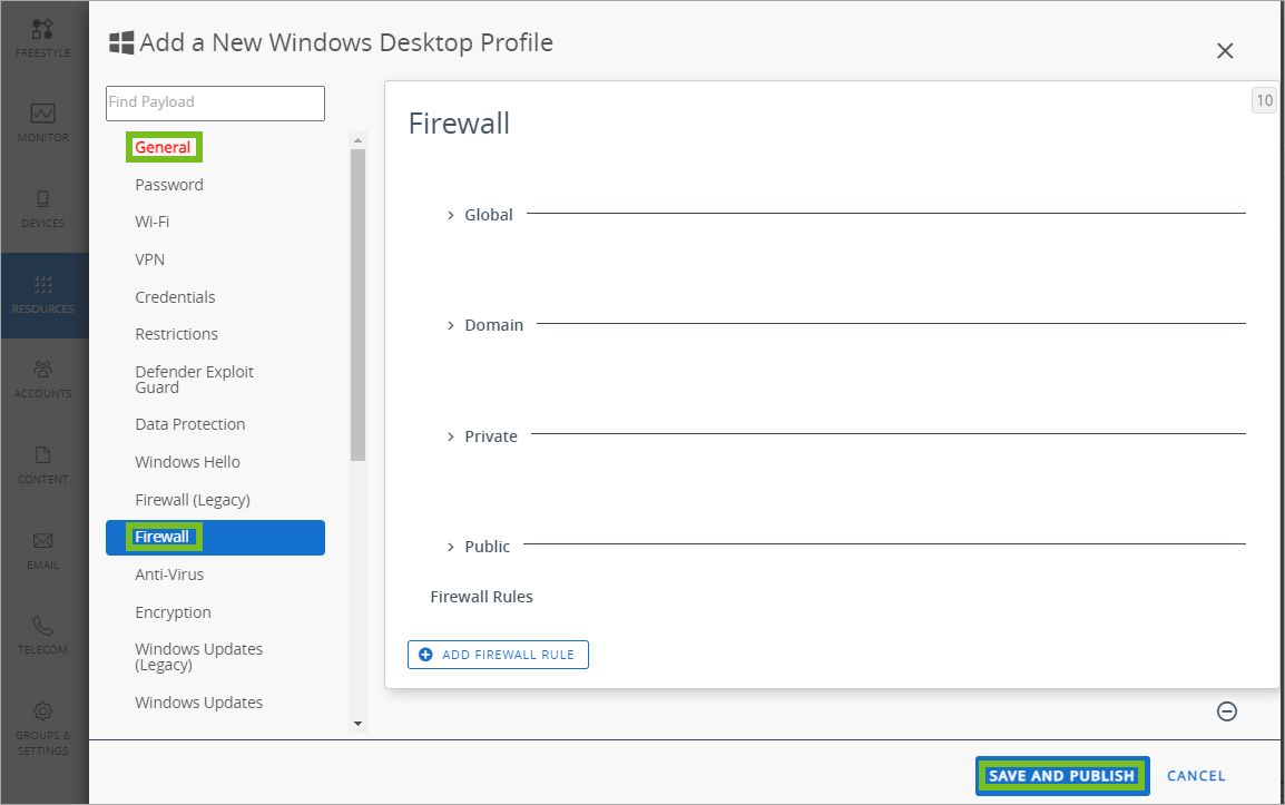 Shows how to add the Firewall profile in the UEM console. 