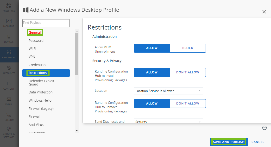 Shows how to add the Restrictions profile in the UEM console. 