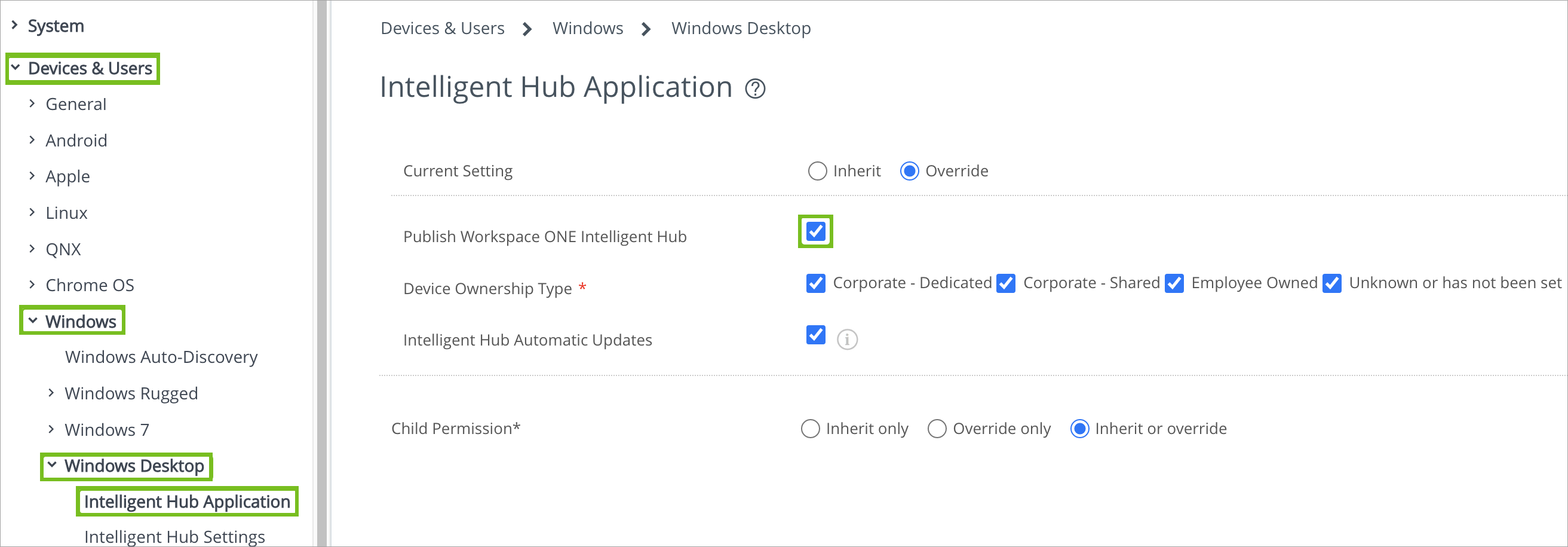 settings for Devices and Users