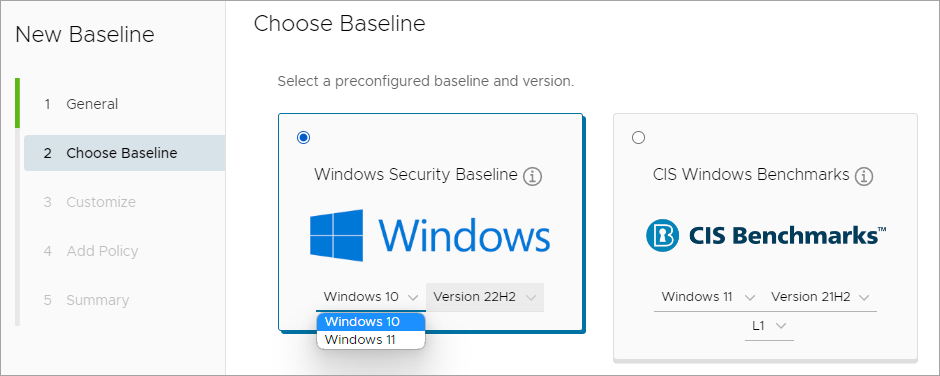 Shows selecting a platform and version from the drop down list for the Windows Security Baseline Template