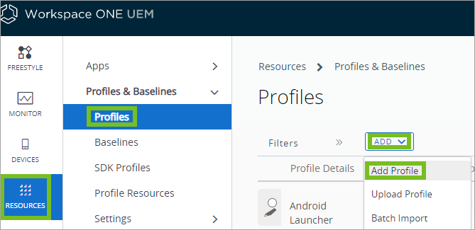 The console navation is shown to add a new profile. 