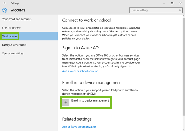 The Work Access menu is displayed, showing enroll in to divice management option The Work Access menu is displayed, showing enroll in to divice management option