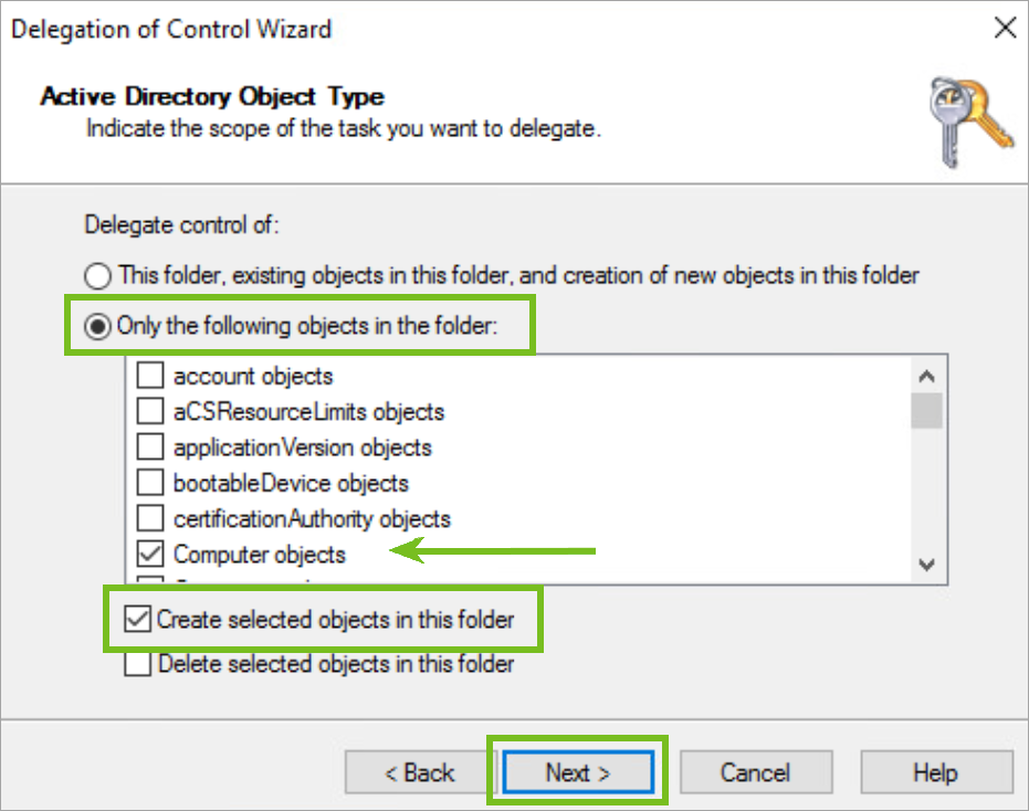 The Delegation of Control Window shows the "Only the following objects in the folder" selected, with the options "Computer objects" and "Create selected objects in this folder" checked, then Next is selected