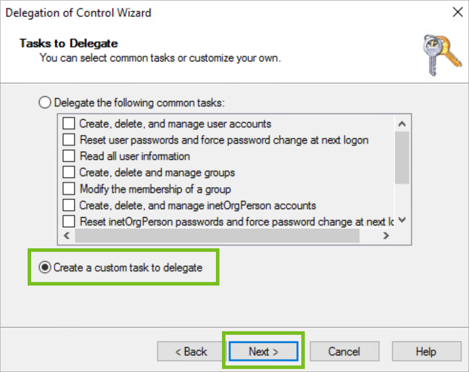 The Task to Delegate window is shown with "create a custom task" selected and the Next button selected as well