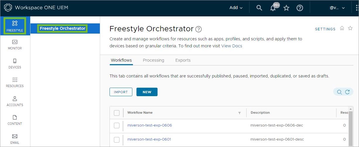Shows the Freestyle Orchestrator in the UEM console. Shows the Freestyle Orchestrator in the UEM console.