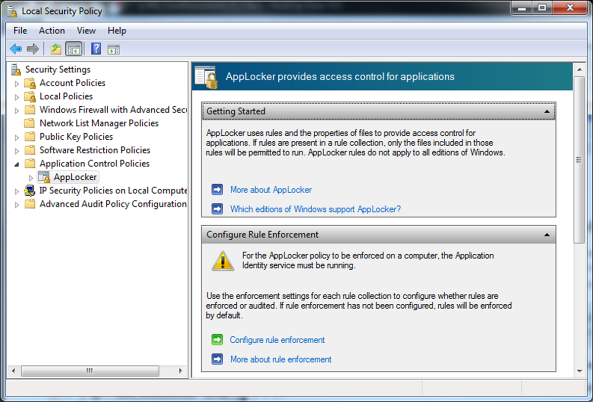Application Control Policies window is shown with AppLocker selected showing the option to configure the Rule Enforcement Application Control Policies window is shown with AppLocker selected showing the option to configure the Rule Enforcement