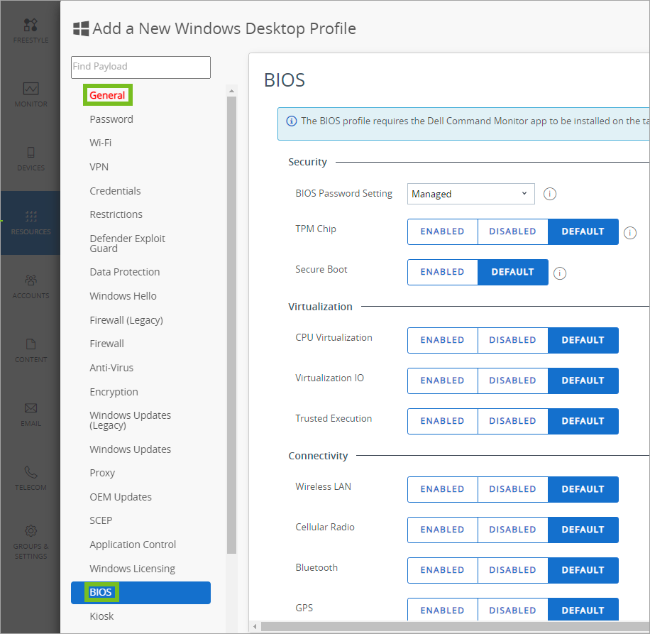 Shows some of the BIOS Options in the UEM Console. Shows some of the BIOS Options in the UEM Console.