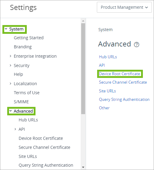 Shows the navigation path to the Device Root Certification