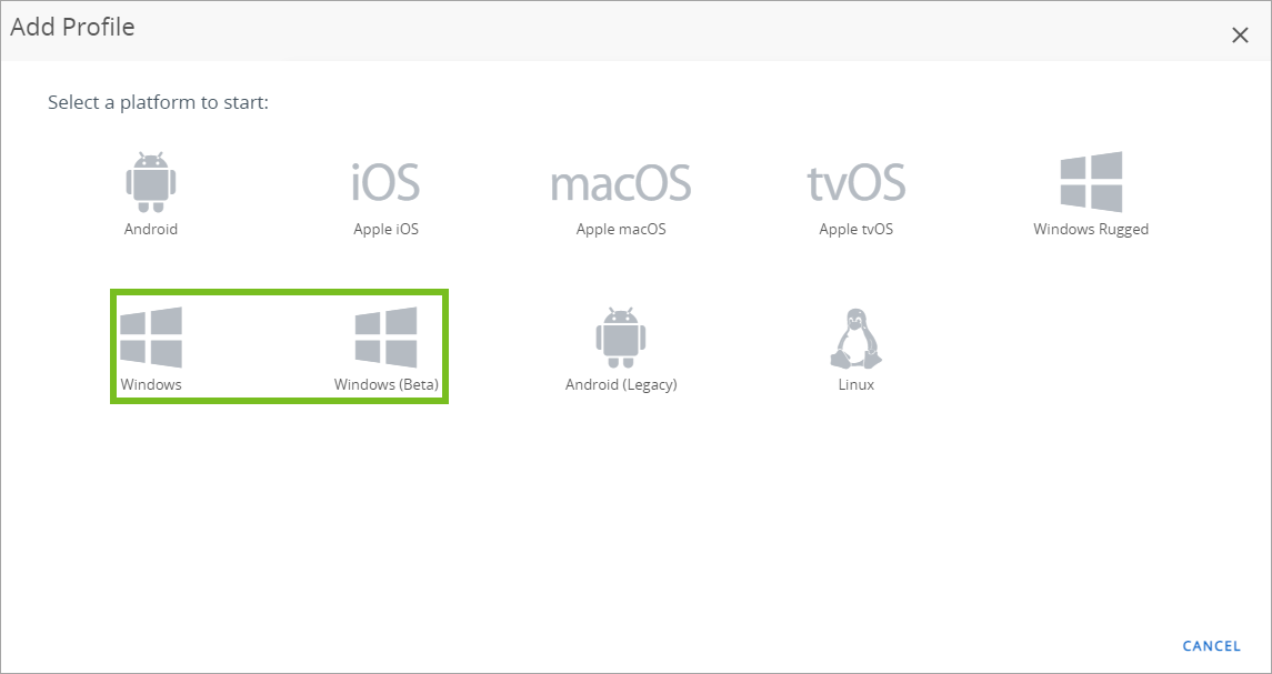 The options to select Windows or Windows(Beta) is shown. The options to select Windows or Windows(Beta) is shown.