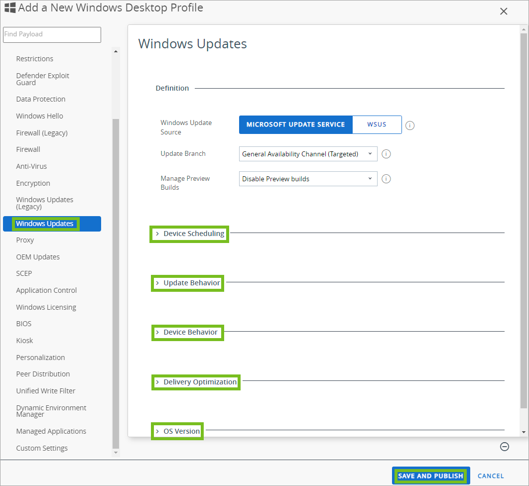 Shows the Windows Device Updates box in the UEM console. Shows the Windows Device Updates box in the UEM console.