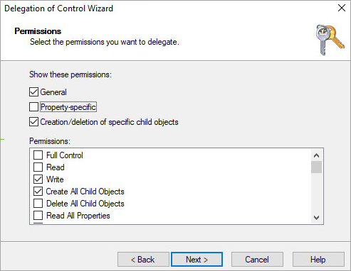 The Delegation of Control Window shows the Permissions section with "General", "Creation/deletion", "Write", and "Create All Child Objects" selections checked before selecting Next