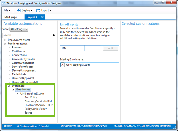 Enrollments in the Available Customizations window are shown