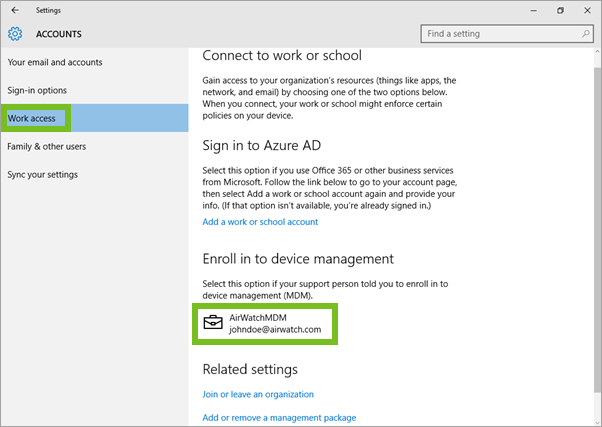 Work Access menu shows a successful connection with briefcase icon