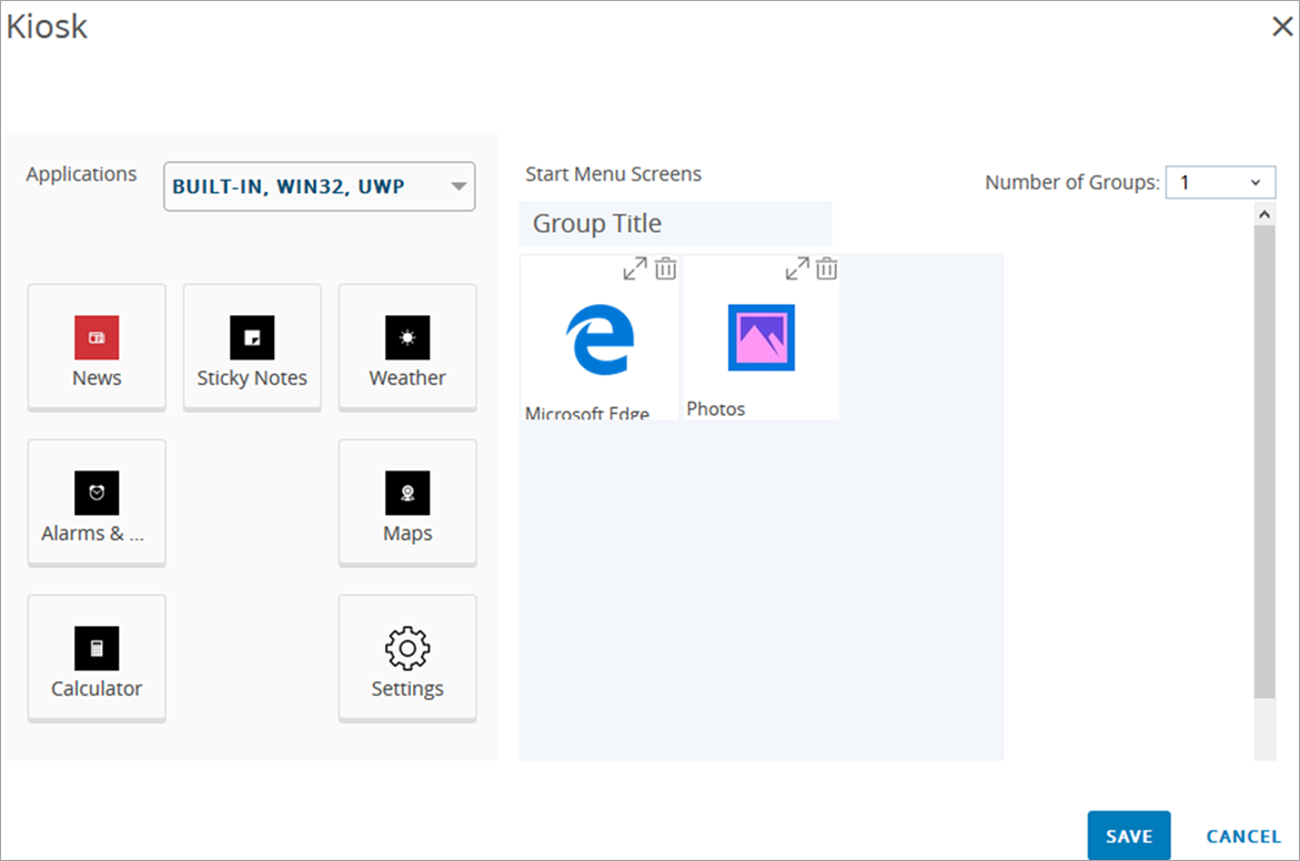 Kiosk Example of the device start menu grid