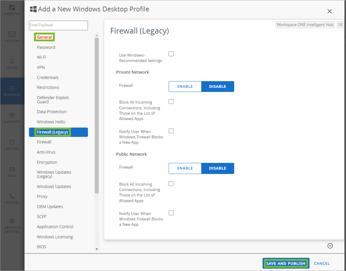 Shows how to add the Firewall legacy profile in the UEM console. Shows how to add the Firewall legacy profile in the UEM console.