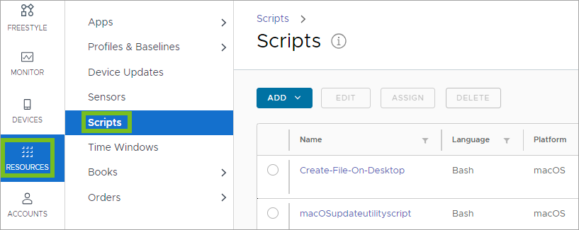 Shows the Scripts under Resources in the UEM console. Shows the Scripts under Resources in the UEM console.
