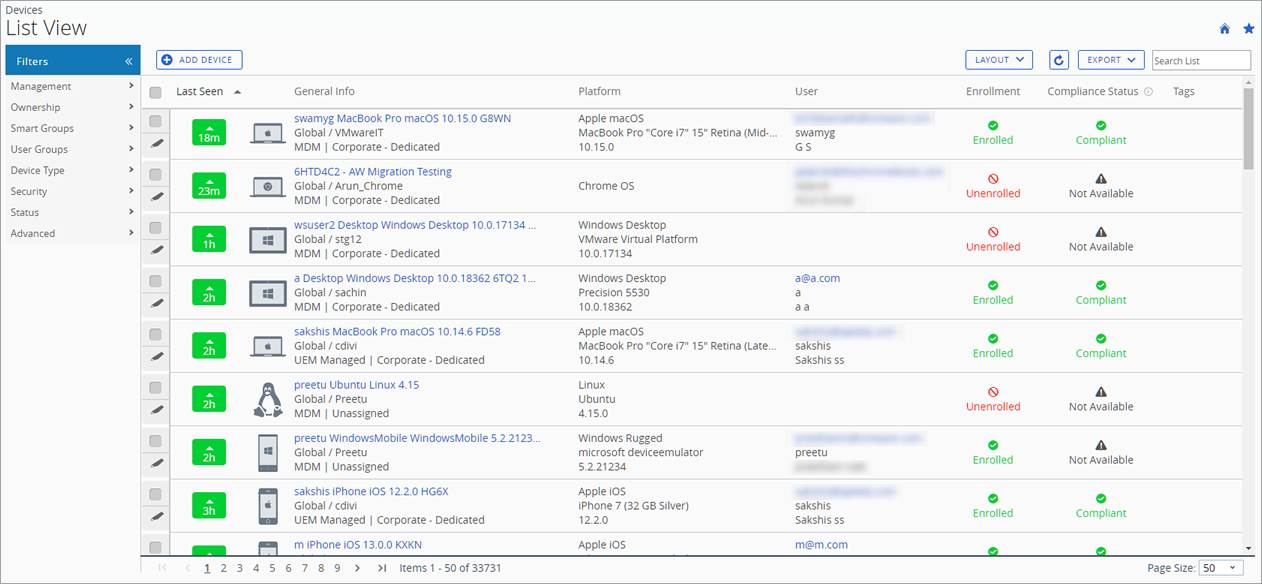 Device List View shows a full listing of the devices currently selected with friendly name and device status Device List View shows a full listing of the devices currently selected with friendly name and device status