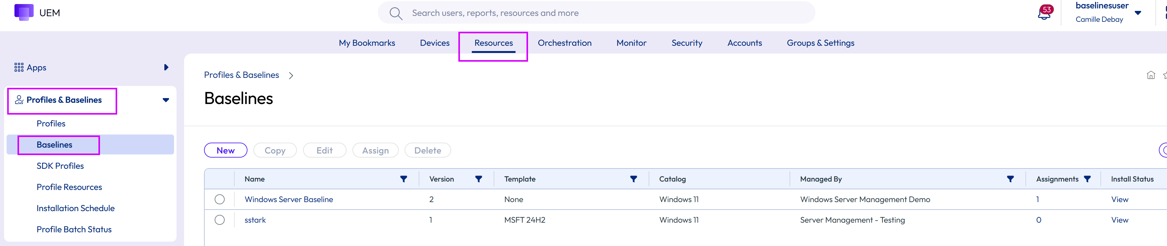 Shows Baselines in the UEM console. Shows Baselines in the UEM console.