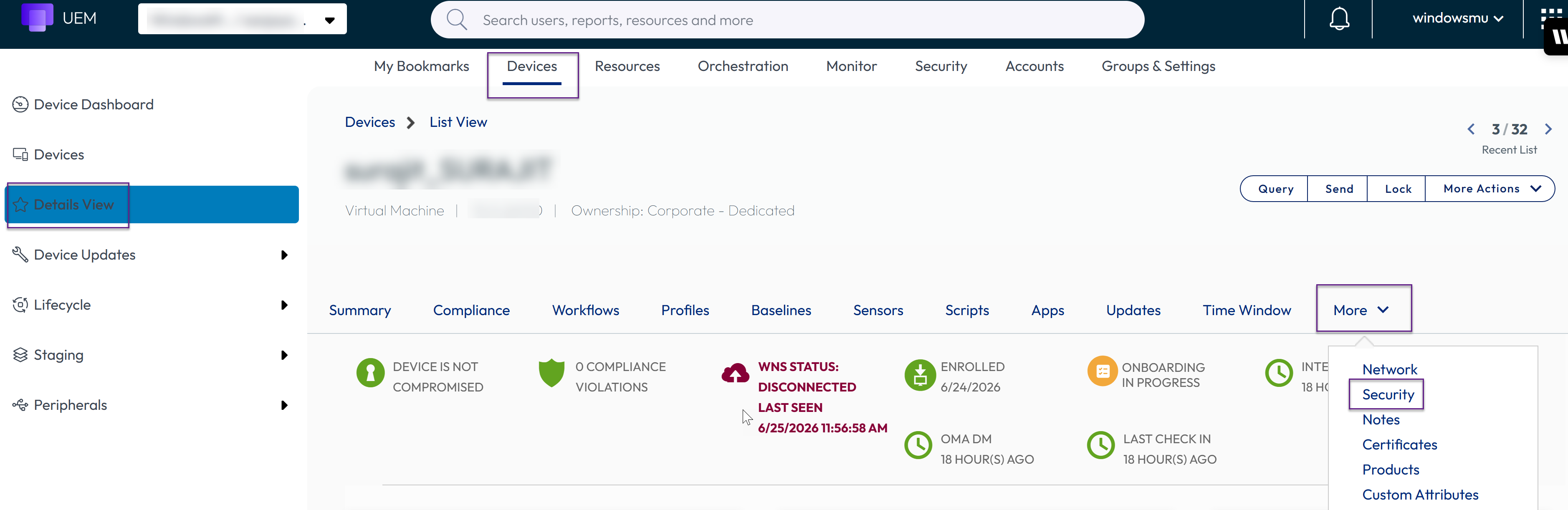 Screenshot of the UEM console showing the devices ,list view and the Security tab under the More menu