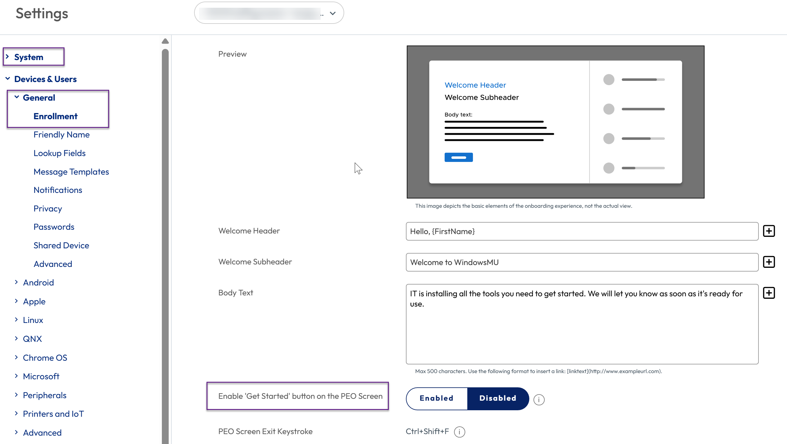 Screenshot of the UEM console Enrollment settings, showing the Optional Prompt tab with the Post-Enrollment Onboarding (PEO) Experience enabled for Windows