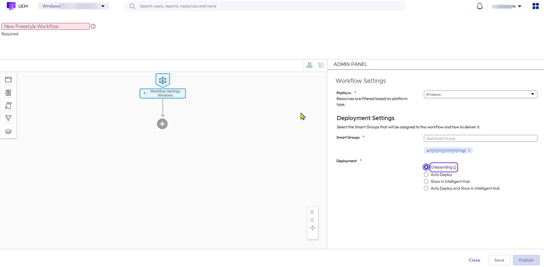 Screenshot of a UEM console showing the creation of a New Freestyle Workflow for Windows, with the deployment method set to Onboarding