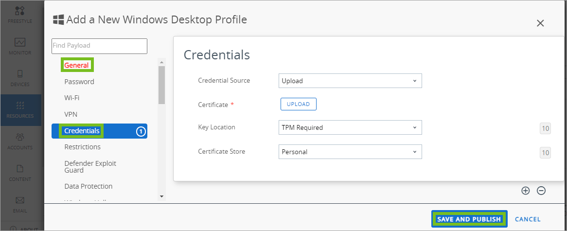 Shows how to add the Credentials profile in the UEM console. 