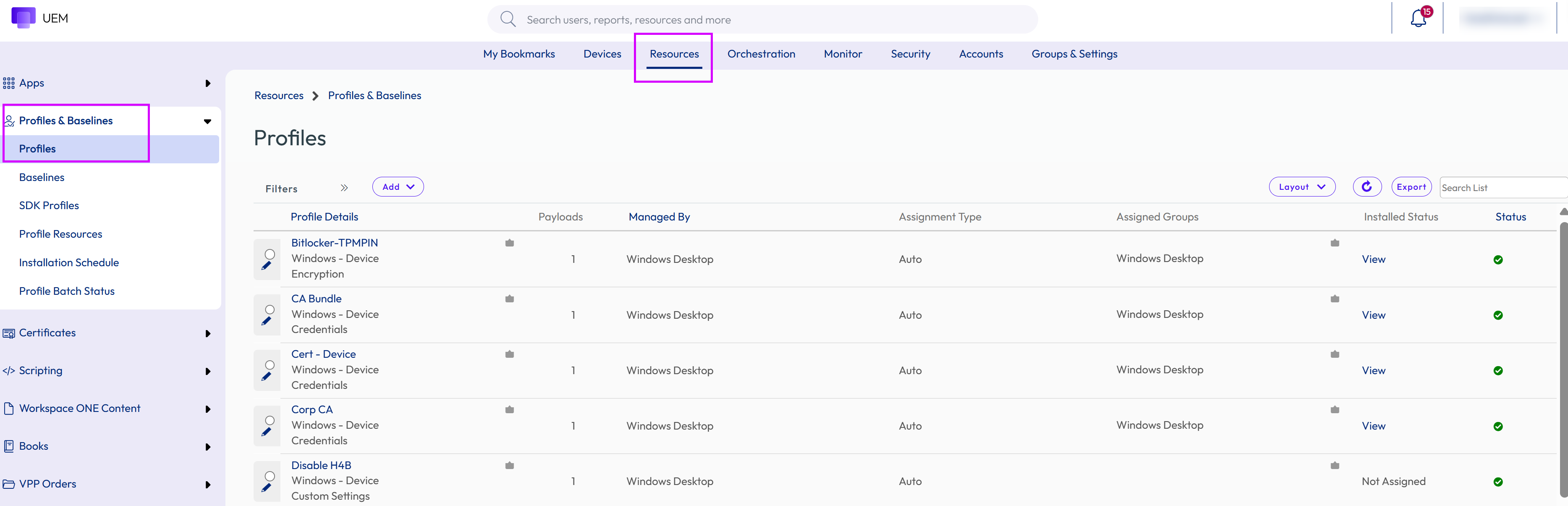 Displays the UEM Profile page