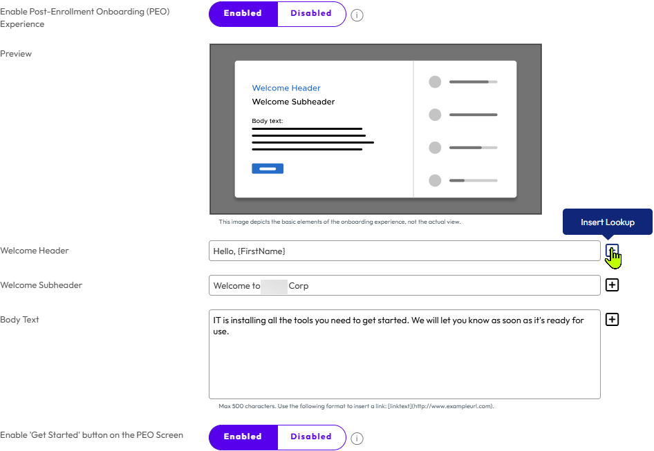 Screenshot of the Workspace ONE UEM,showing Post Enrollment Onboarding customization options