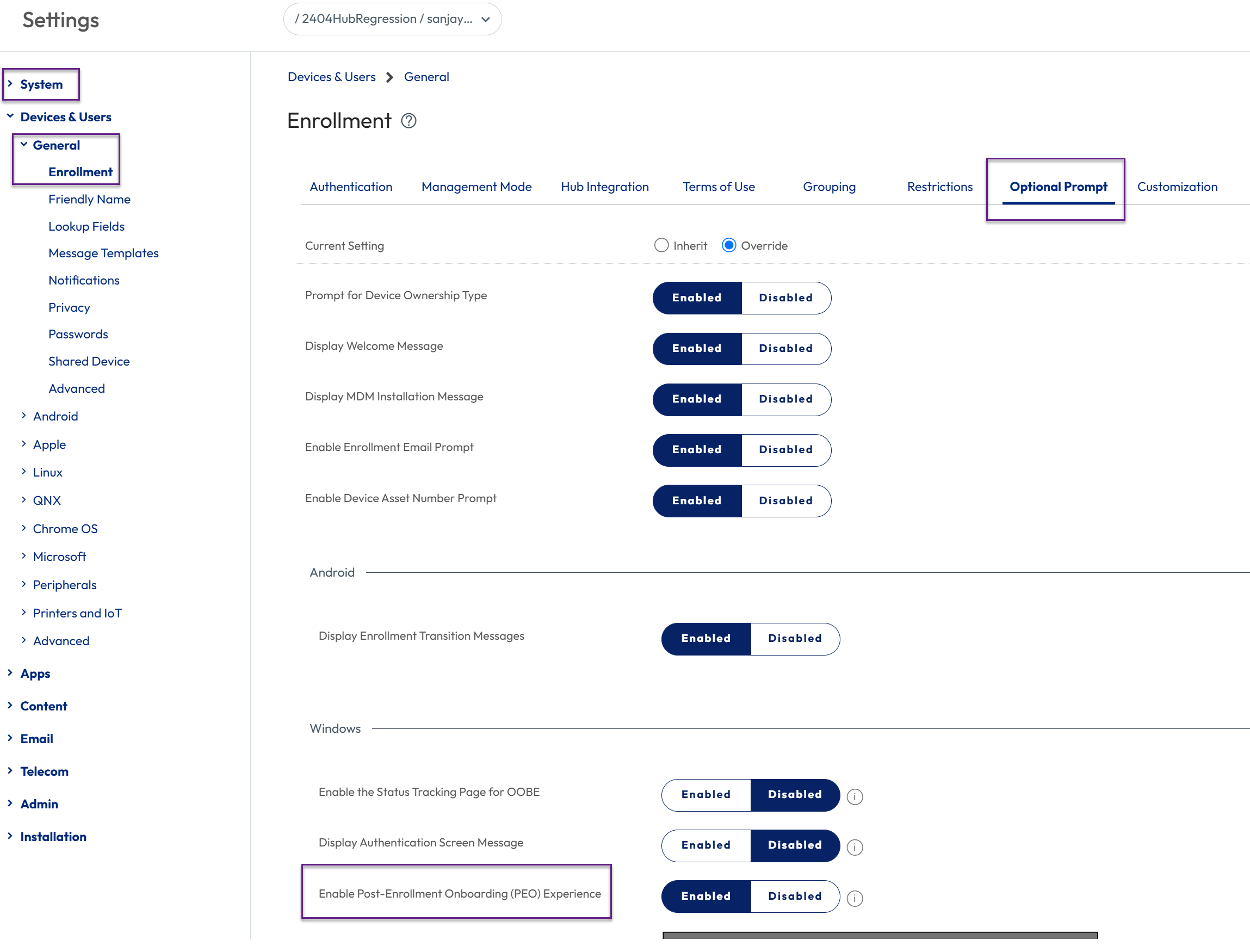 Screenshot of the UEM console Enrollment settings, showing the Optional Prompt tab with the Post-Enrollment Onboarding (PEO) Experience enabled for Windows