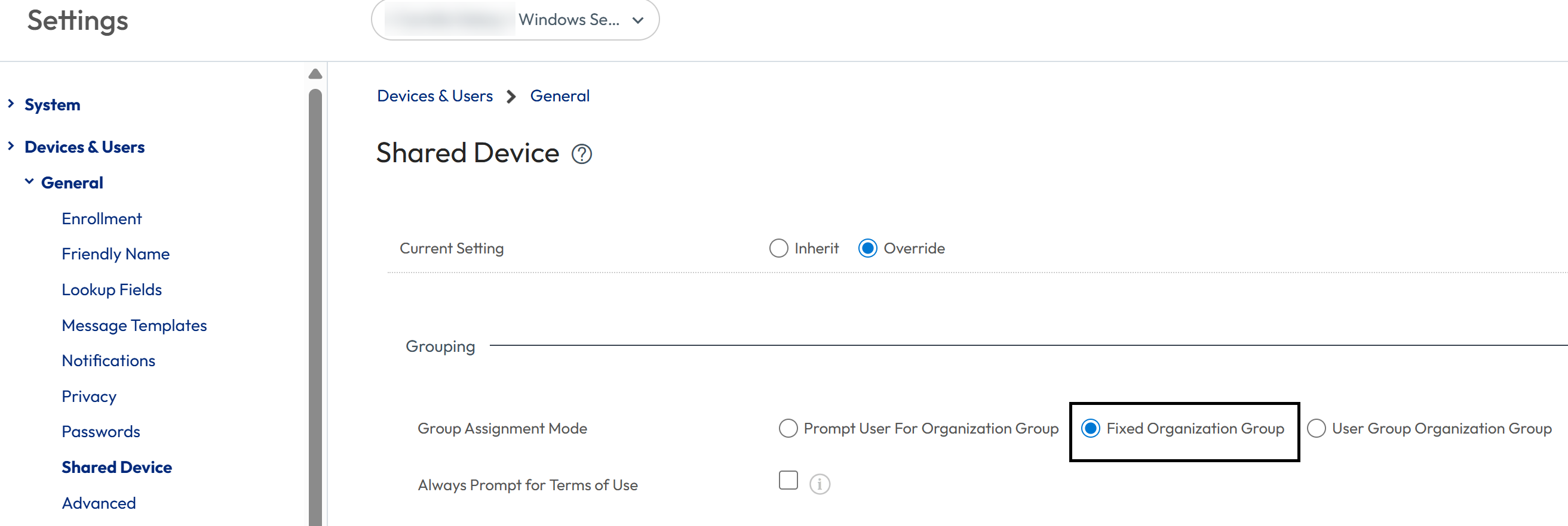 Within Groups & Settings > Devices & Users > General > Shared Device, set the Group Assignment Mode to Fixed Organization Group