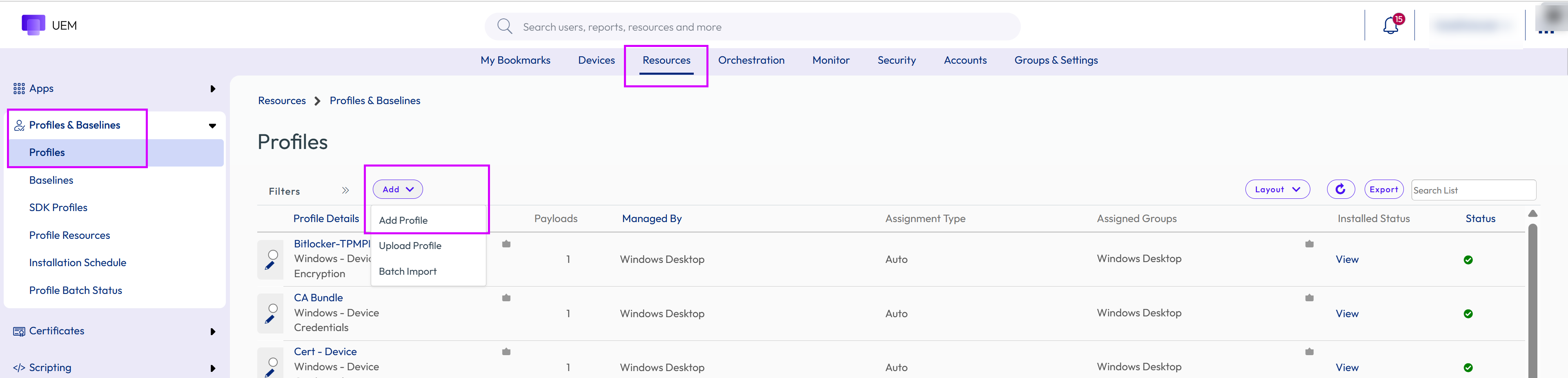 The console navigation is shown to add a new profile.