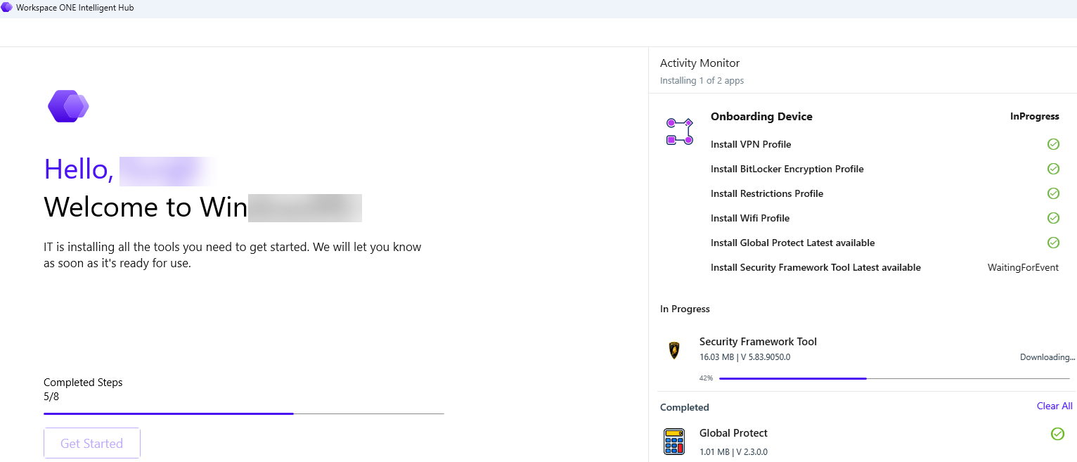 Screenshot of the Workspace ONE Intelligent Hub , showing Post Enrollment Screen, with completed steps and Activity Monitor displaying Onboarding screen with real-time progress of device onboarding