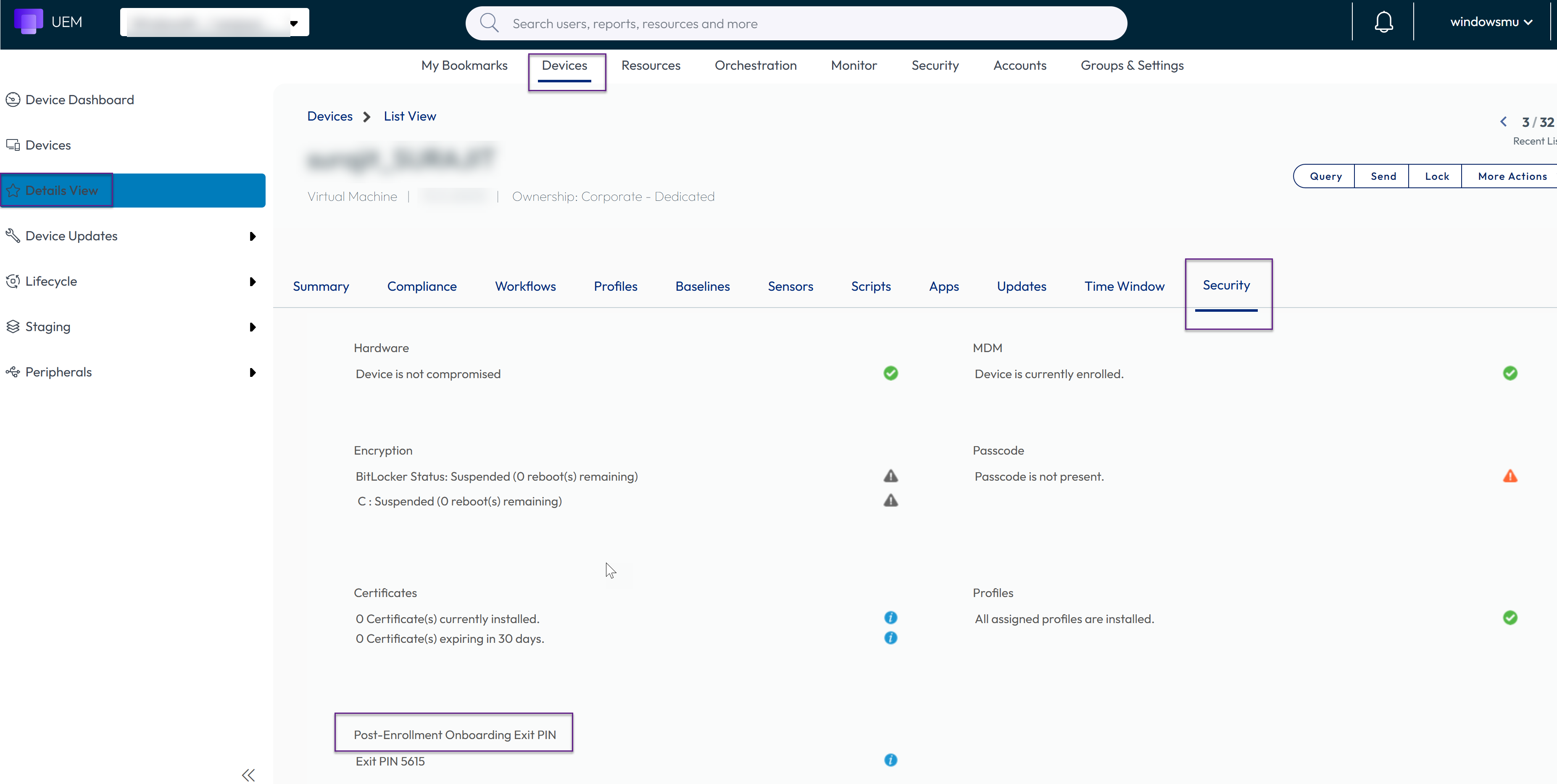 Screenshot of the UEM console device details view withthe security tab selected, highlighting the Post-Enrollment ONnboarding Exit PIN