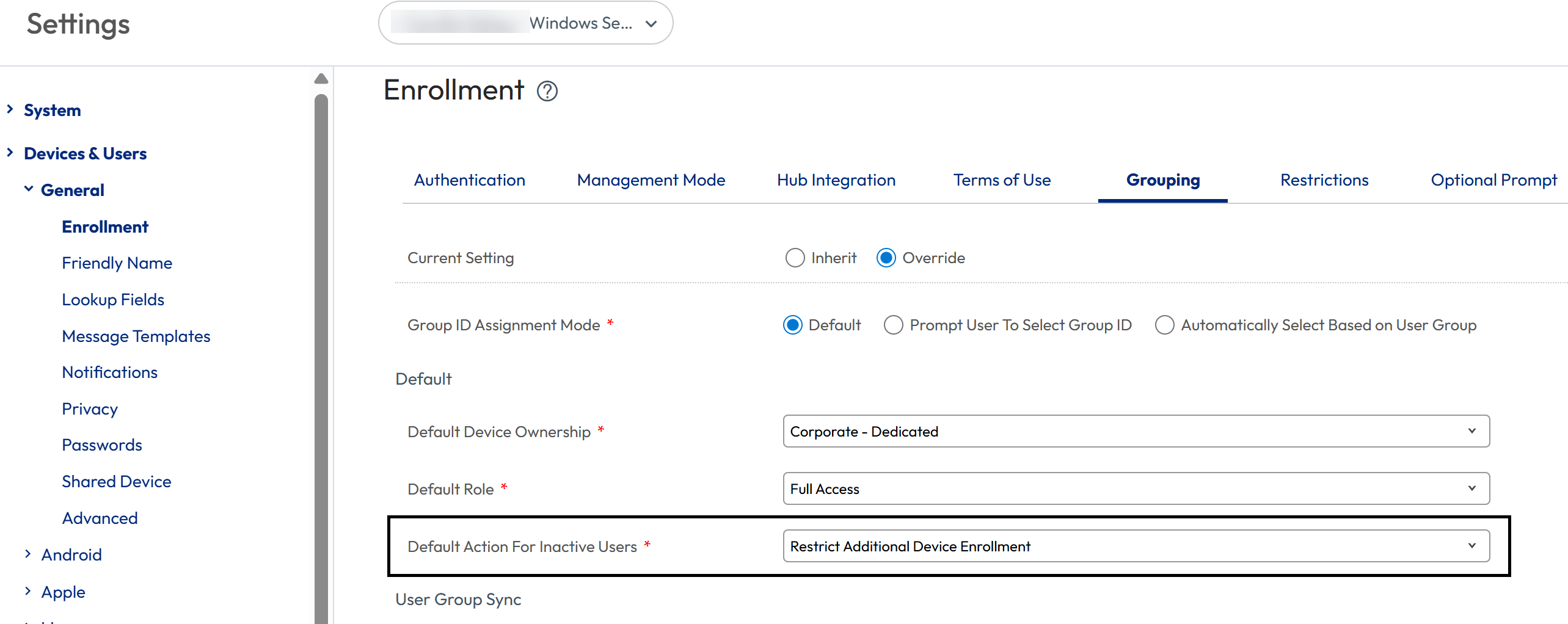 Go to Groups & Settings > Devices & Users > General Enrollment > Grouping to set the Default Action for Inactive Users to Restrict Additional Device Enrollment