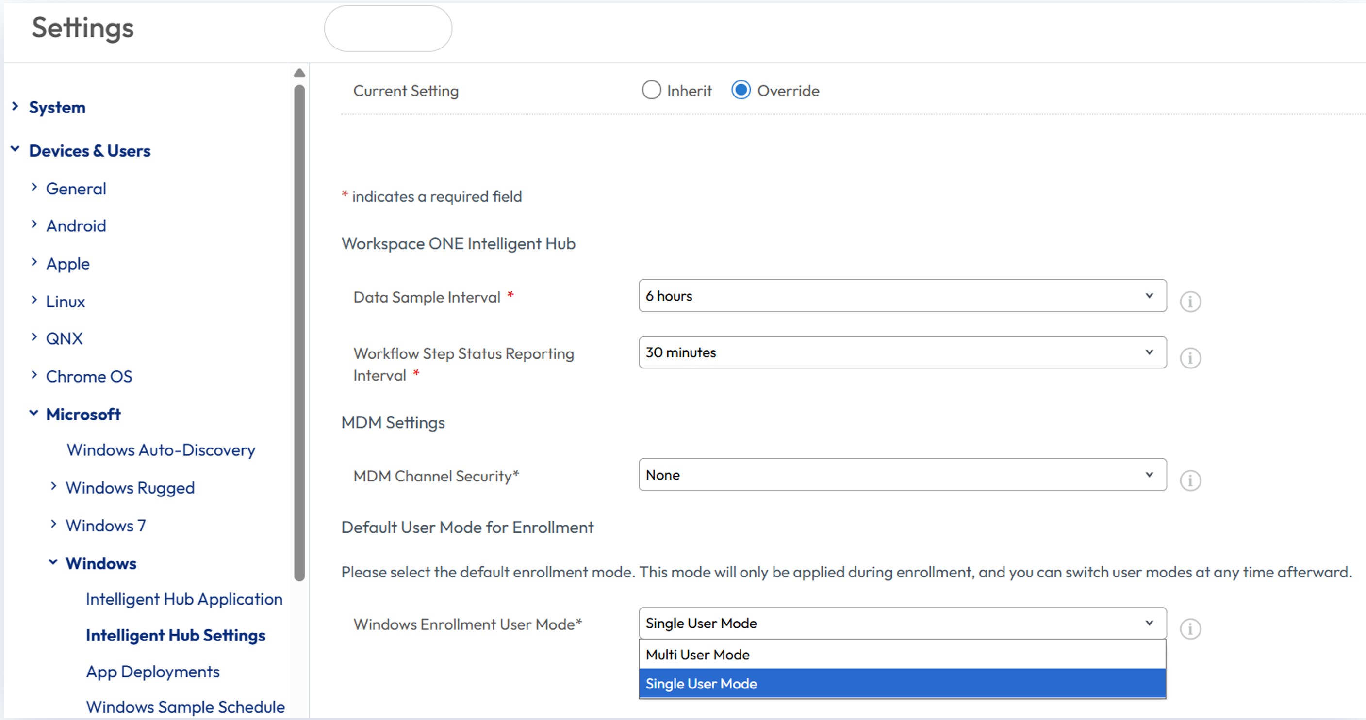 Within Groups & Settings > Devices & Users > Microsoft > Windows > Intelligent Hub Settings, change the default Windows Enrollment User Mode to Single User