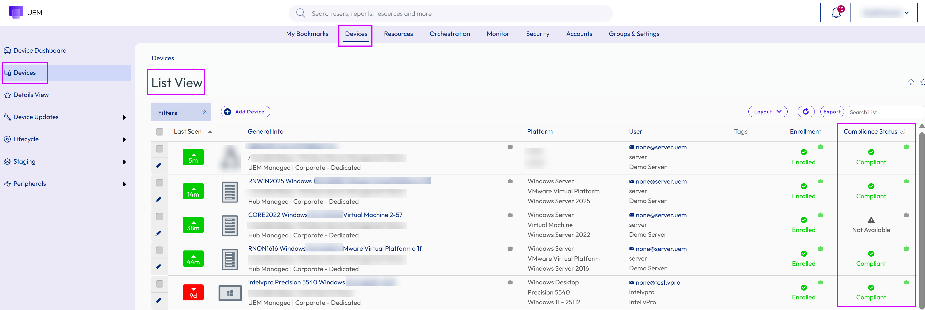 Displays the Compliance Policies in the UEM console. 